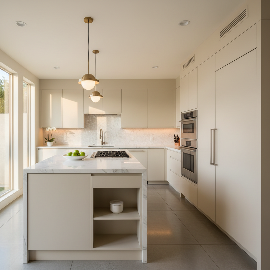 Bright upscale kitchen with integrated refrigerator and wall oven