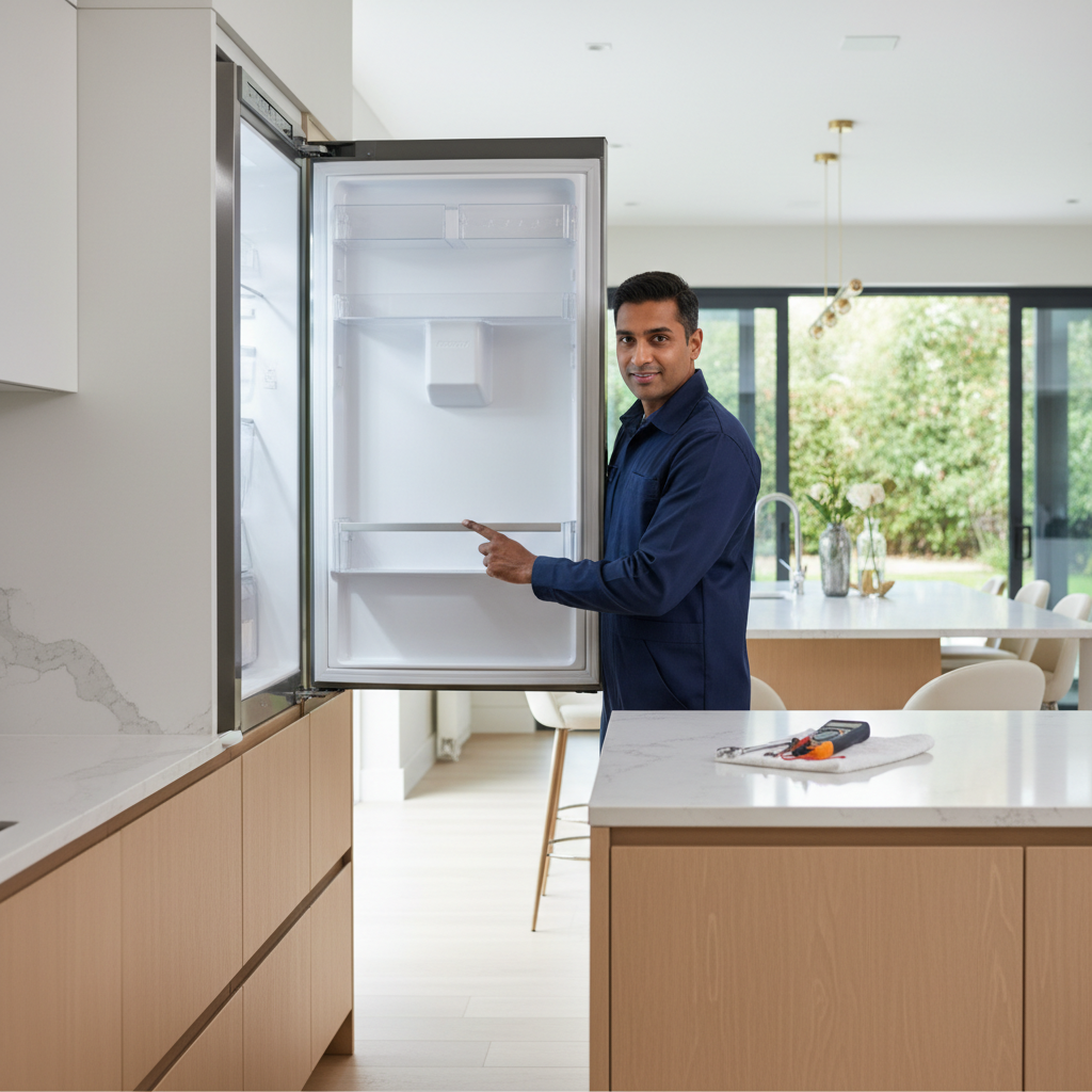 Professional appliance repair technician inspecting a built-in refrigerator